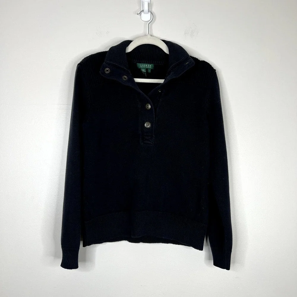 Lauren Ralph Lauren 100% Cotton Popover Button Long Sleeve Knit Sweater Sz L - Picture 1 of 8